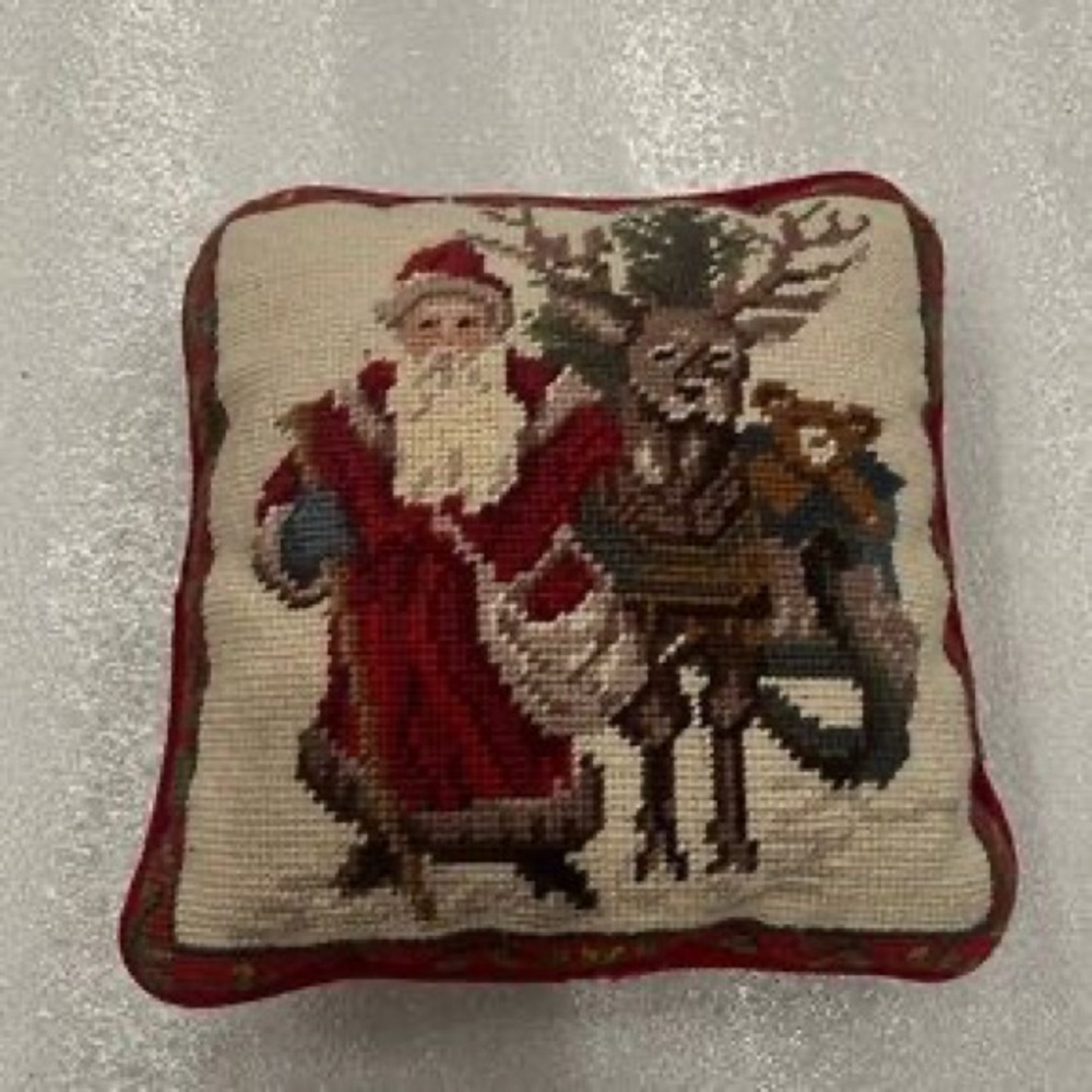 Holiday Needlepoint Decorative Throw Pillow - Red, Green, Cream - Picture 2 of 7